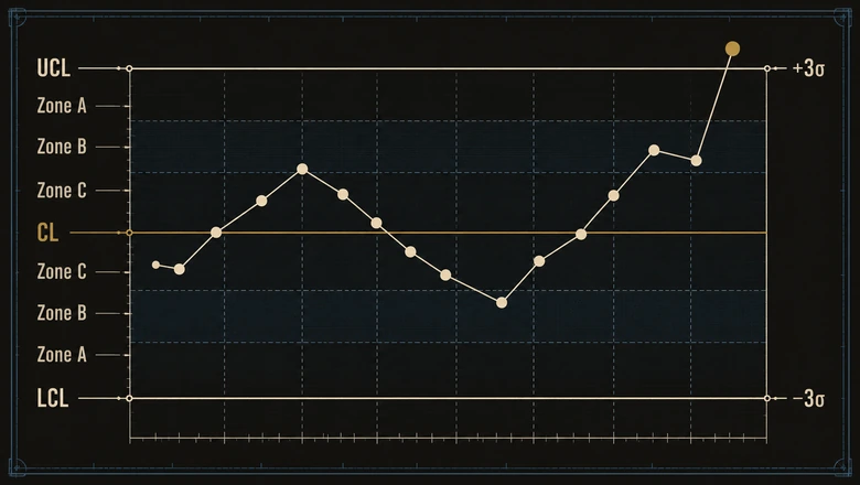 Anatomy of a statistical process control chart: center line, upper and lower control limits, and an out-of-control point