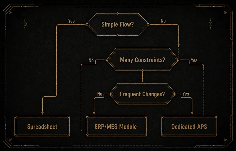 Decision tree for choosing between a spreadsheet, an ERP or MES scheduling module, and dedicated APS software
