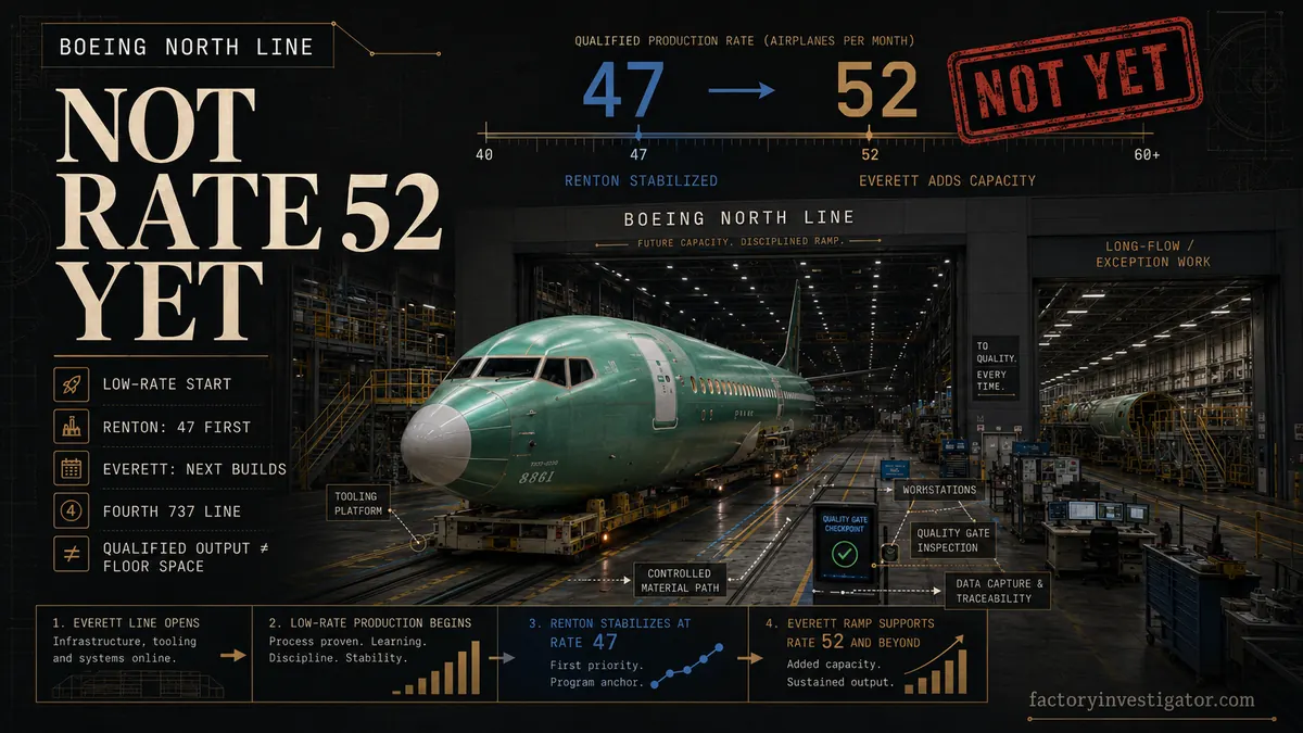 Green-primer 737 fuselage on Boeing’s Everett North Line beneath a 47-to-52 production gauge marked “Not Yet.”