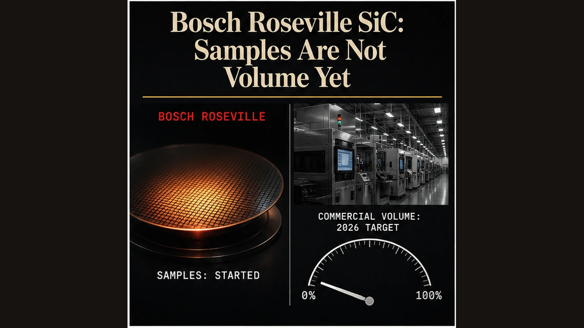 Factory Investigator semiconductor graphic contrasting Bosch Roseville’s first 200 mm silicon carbide sample wafer with commercial-volume production still targeted for 2026.