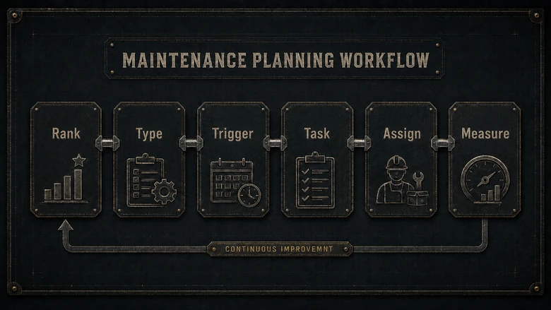 Flow diagram showing how to build a preventive maintenance program: rank assets, choose PM type, set triggers, write tasks, assign and stage parts, then measure