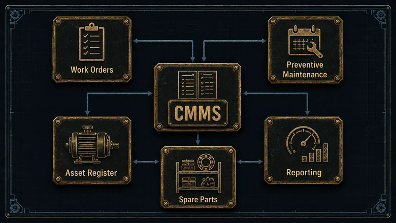 Diagram of the five core CMMS functions for manufacturers: work orders, preventive maintenance, asset register, spare-parts inventory, and reporting