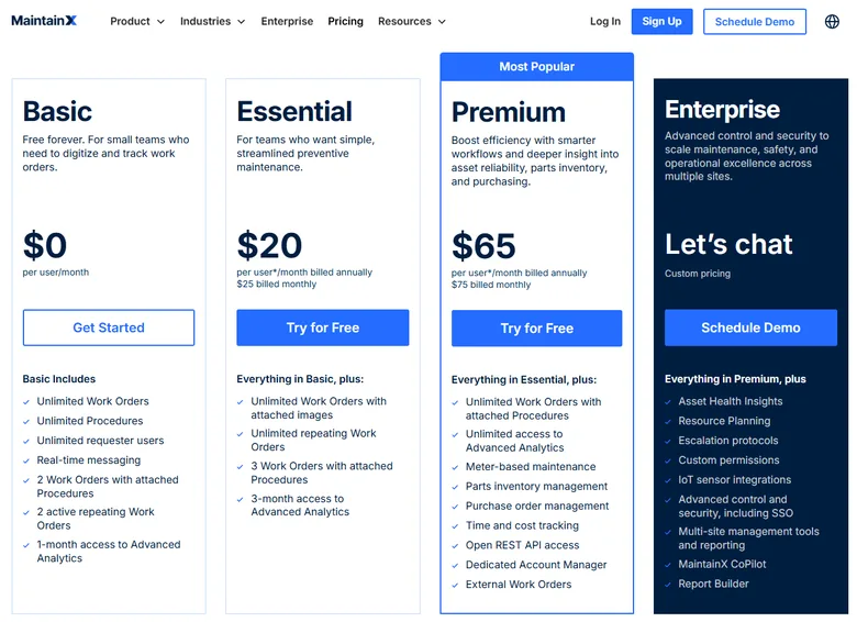 CMMS software pricing page showing free, per-user, and quote-only plans for manufacturers as of 2026