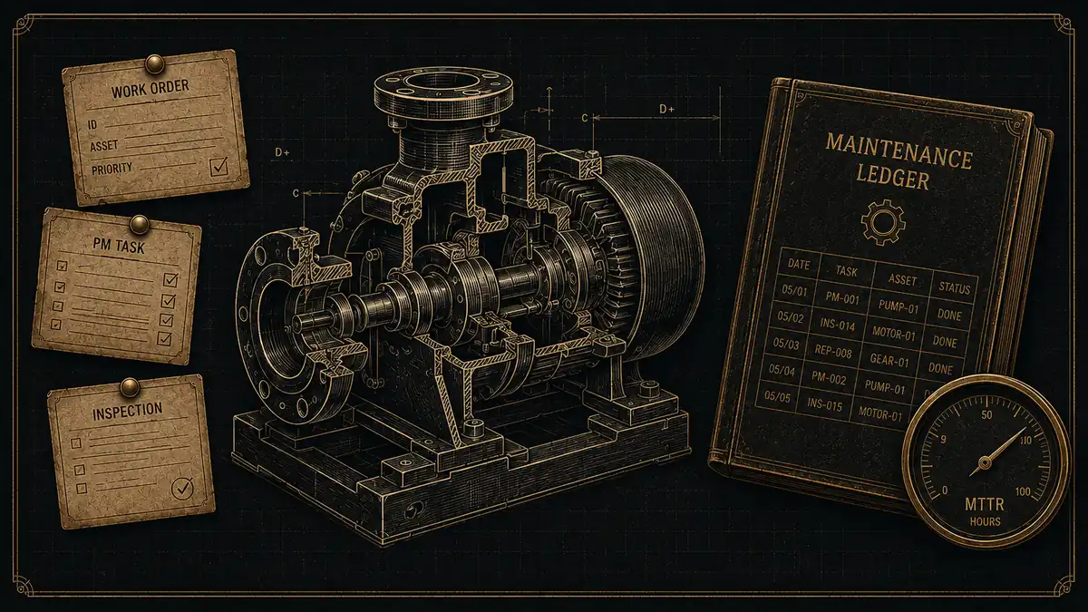 Patent-drawing illustration of a factory machine beside a maintenance ledger, representing CMMS software for manufacturers