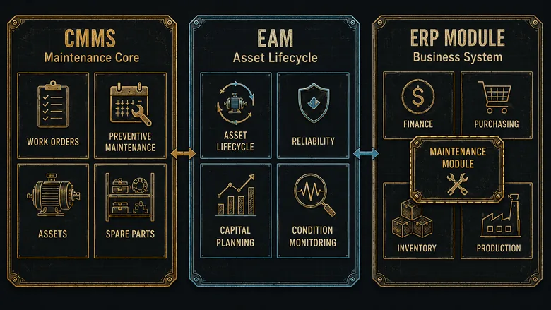 Diagram comparing CMMS, EAM, and ERP maintenance module by scope for a manufacturer choosing maintenance software