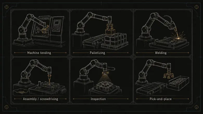 Diagram mapping six collaborative robots in manufacturing applications from machine tending to inspection