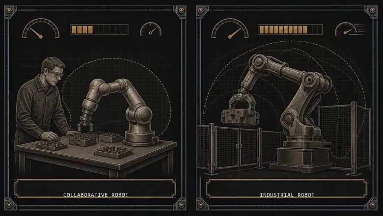 Comparison diagram of collaborative robots versus traditional industrial robots by payload, speed, safety, and cost