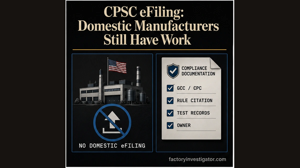 Factory Investigator compliance graphic contrasting the domestic CPSC eFiling exemption with required GCC or CPC certificates, rule citations, test records and ownership.