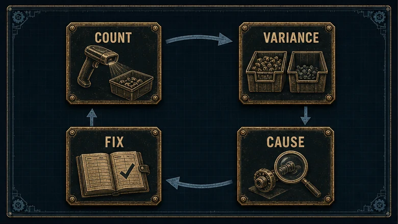Cycle count root-cause loop from frozen bin and blind count through variance investigation and correction
