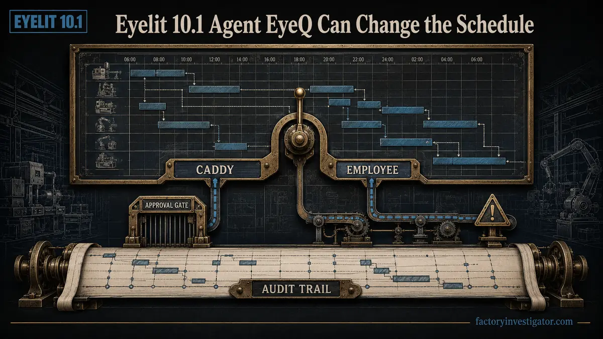 Eyelit 10.1 Agent EyeQ schedule showing Caddy and Employee modes, an approval gate and a recorded audit trail.