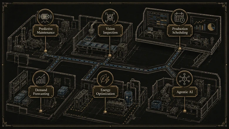 Diagram mapping six deployed AI in manufacturing use cases across the plant floor, from predictive maintenance to agentic AI