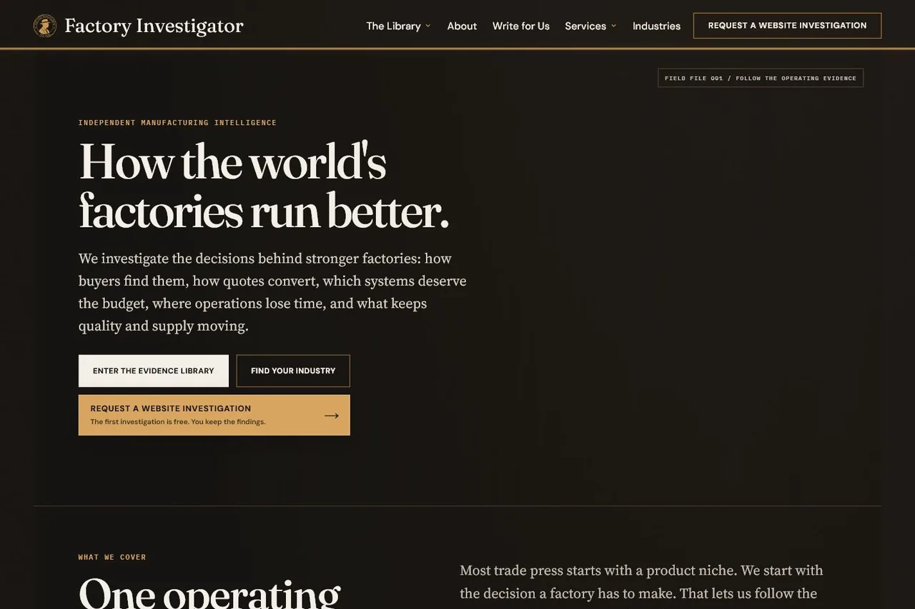 Factory Investigator homepage and navigation, publicly captured on 29 July 2026.
