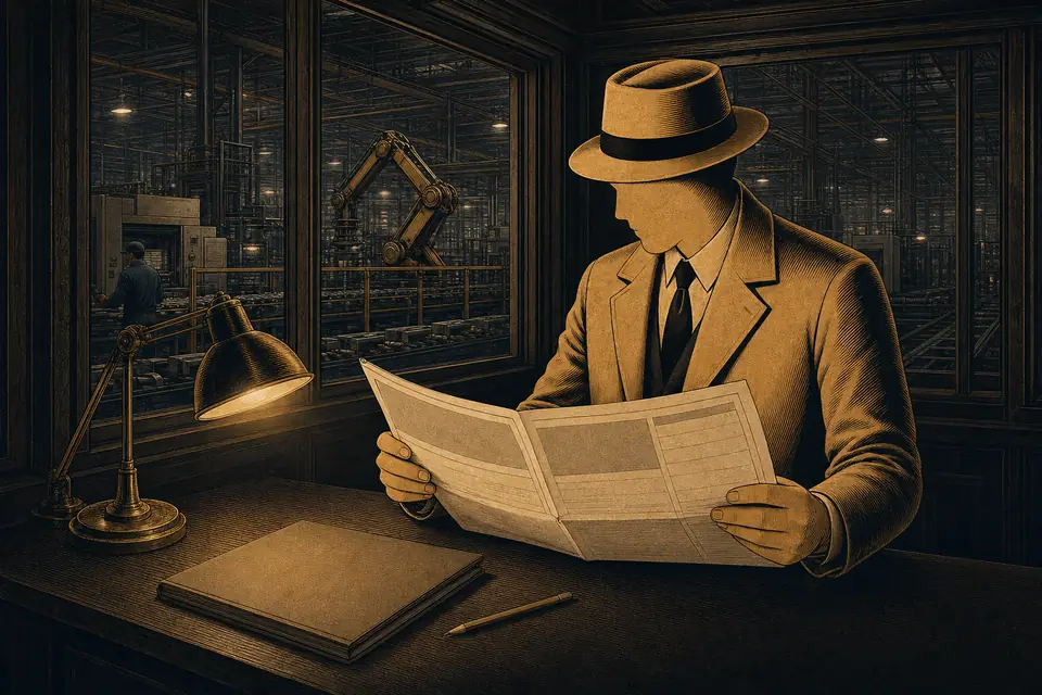 The Factory Investigator reading the manufacturing dispatch beside a working factory floor.