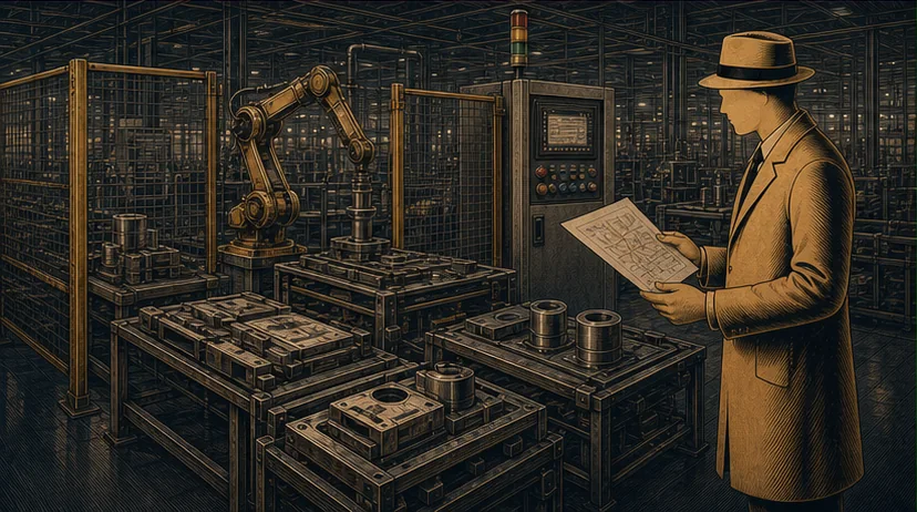 The Factory Investigator studying a blueprint beside a guarded robot and conveyor cell