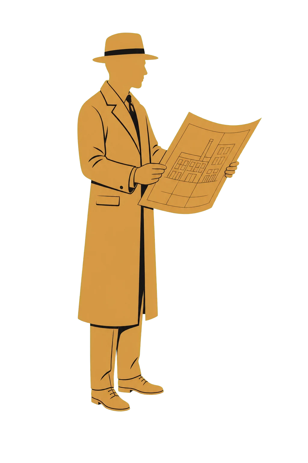 The Factory Investigator in a fedora and long coat examining a factory blueprint