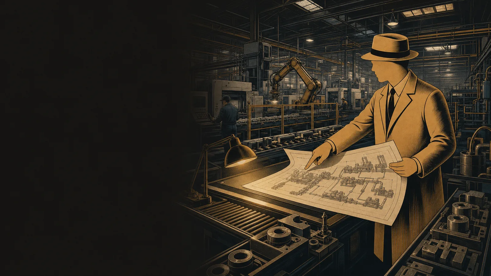 The Factory Investigator comparing a factory blueprint with a modern automated production line