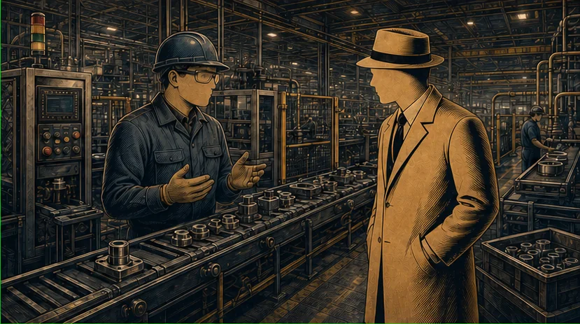 The Factory Investigator speaking with a plant operator beside a working production line