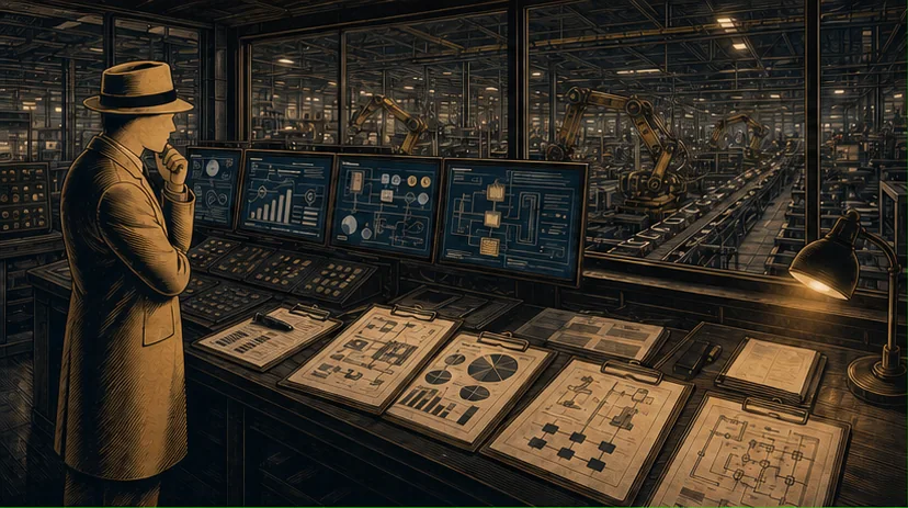 The Factory Investigator reviewing manufacturing software evidence across a connected factory control room