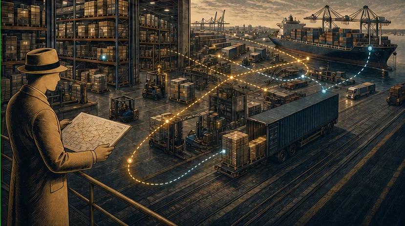 The Factory Investigator tracing a route from factory warehouse to truck and cargo ship