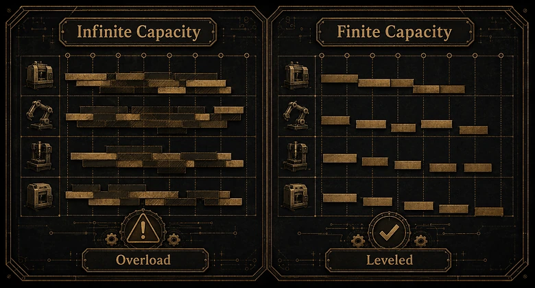 Finite vs infinite capacity scheduling compared: an overloaded machine load chart beside a leveled finite-capacity schedule