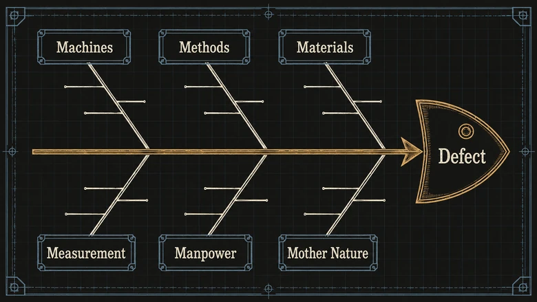 Fishbone Ishikawa diagram with the six M categories Machines, Methods, Materials, Measurement, Manpower, and Mother Nature branching off a central spine toward a defect