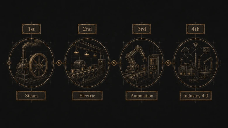 Timeline of the four industrial revolutions from steam power to Industry 4.0 connected data