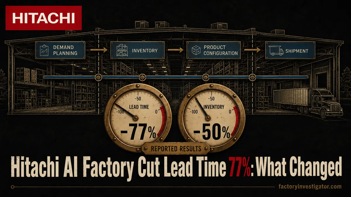 Hitachi AI factory graphic showing a reported 77% lead-time reduction and 50% inventory reduction in Norman.