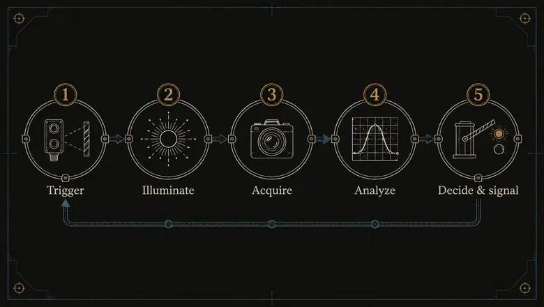 How a machine vision system works, from trigger and lighting through image capture and analysis to the pass or fail decision