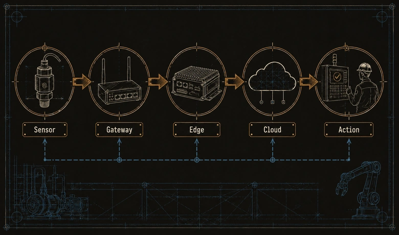 IIoT data path diagram showing sensor to gateway to edge to cloud to action on the plant floor