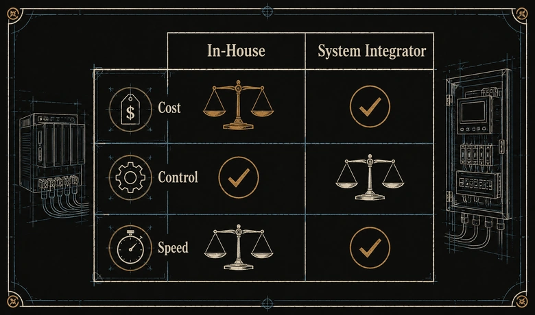Decision diagram comparing in-house PLC programming versus hiring a system integrator, by cost, control, and speed