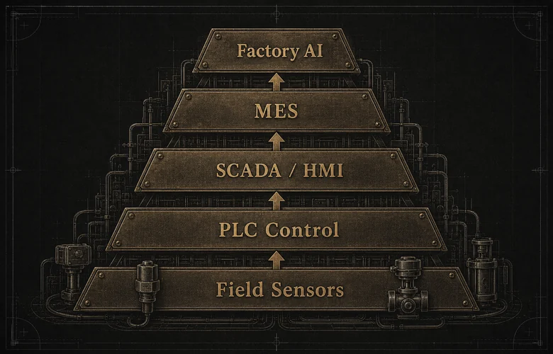 Diagram of the industrial automation stack, from field sensors and PLCs up through SCADA, MES, and factory AI