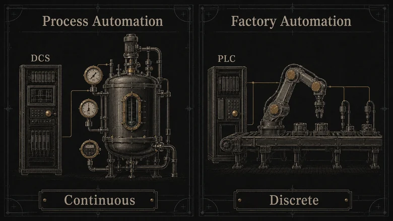 Diagram comparing industrial process automation and factory automation by control system, product type, and priority