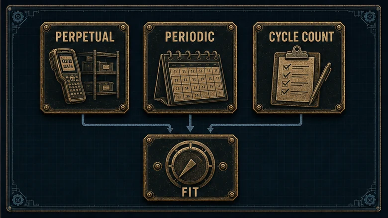 Manufacturing inventory method grid matching min-max, reorder point, EOQ, JIT, and VMI to demand patterns