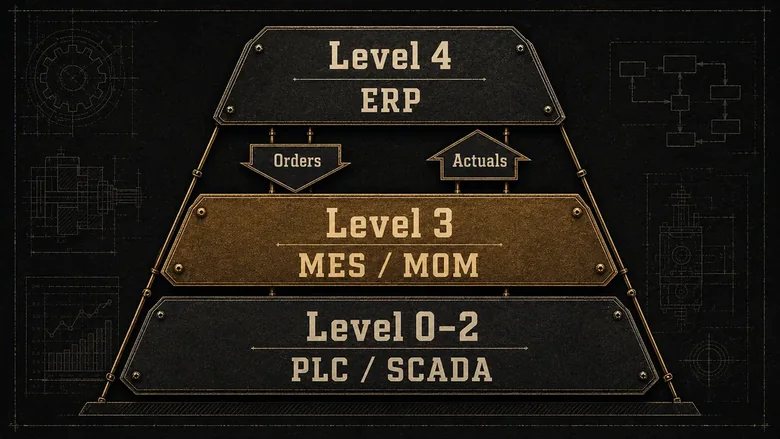 ISA-95 level model showing MES at Level 3 between ERP at Level 4 and PLC and SCADA control below