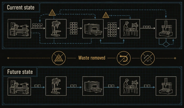 Current-state versus future-state process map showing the waste a kaizen event removes from a factory line