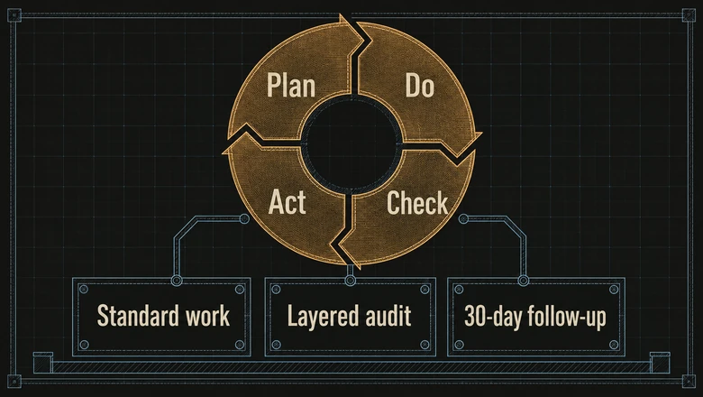 A plan-do-check-act loop holding kaizen gains through standard work, layered audits, and a 30-day follow-up review