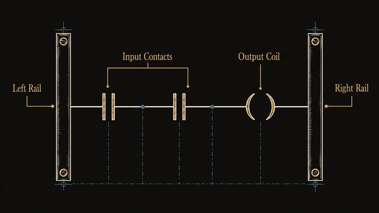 Anatomy of a ladder logic rung showing power rails, input contacts, and an output coil in a PLC program