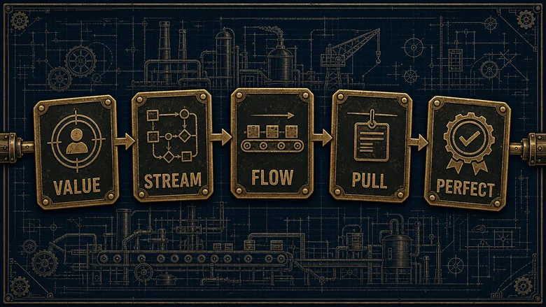 Five lean manufacturing principles shown as a factory flow from customer value through value stream, flow, pull, and continuous improvement