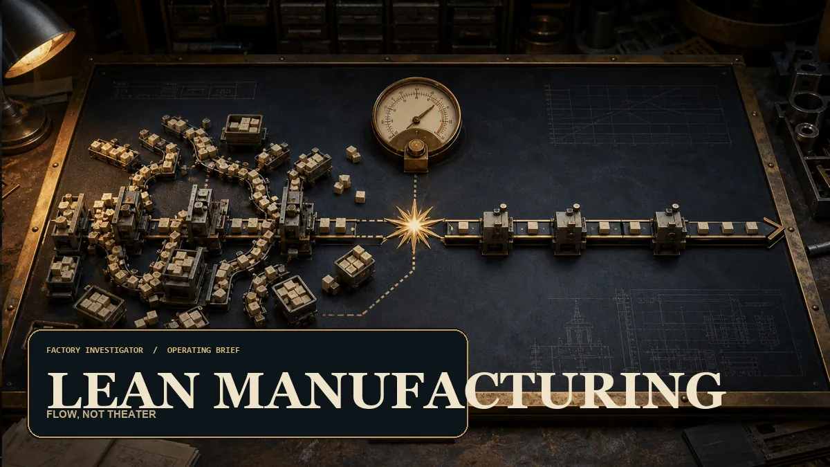 Lean manufacturing system shown as a factory value stream changing from queues and waste into steady customer-driven flow