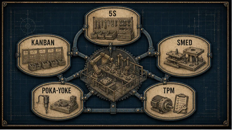 Lean manufacturing toolkit map connecting waste diagnosis, value stream mapping, kaizen, Six Sigma, SPC, OEE, and productive maintenance to factory problems