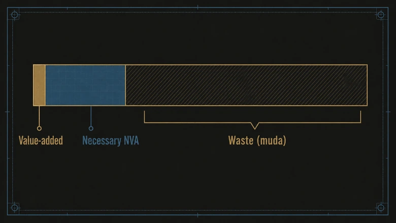 Lean process time split into value-added, necessary non-value-added, and pure waste, showing most lead time is waste