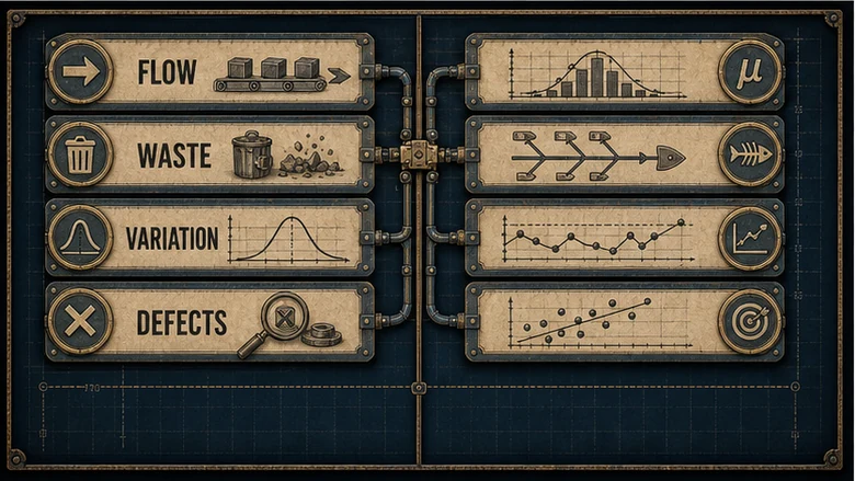 Decision matrix comparing Lean, Six Sigma, and Lean Six Sigma by factory problem, evidence needed, and first action