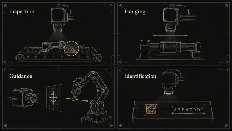 Machine vision applications map: quality inspection, gauging, robot guidance, and barcode and OCR identification