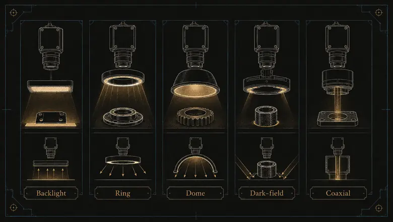 Machine vision lighting techniques compared: backlight, ring, dome, dark-field, and coaxial illumination for inspection