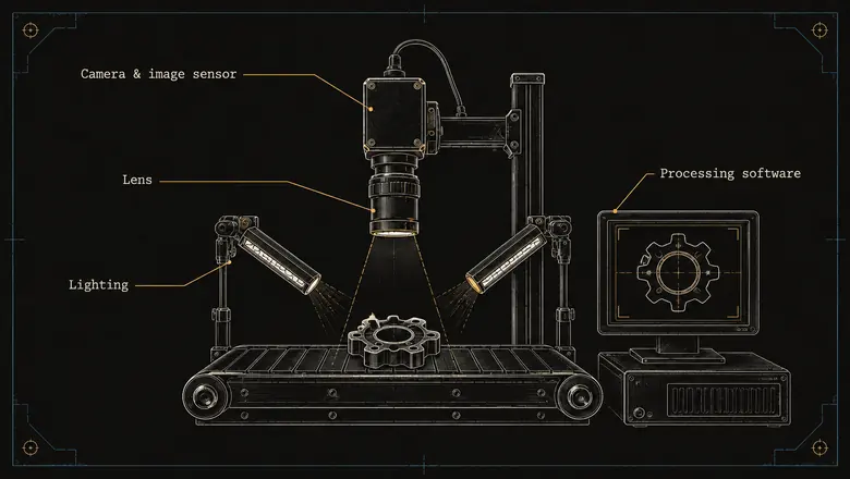 Diagram of the parts of an industrial machine vision system: camera and image sensor, lens, lighting, and processing software