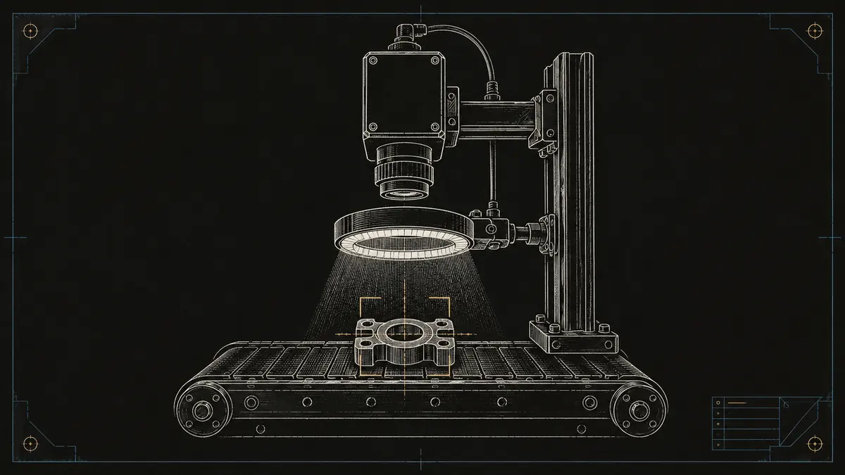 Industrial machine vision camera and ring light inspecting a component on a conveyor