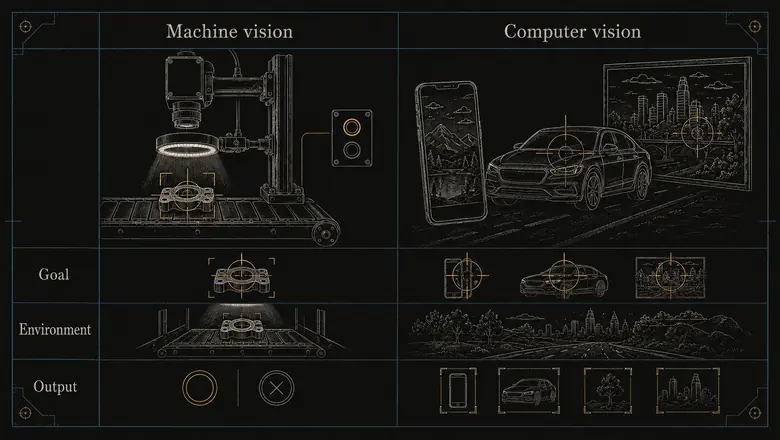 Machine vision versus computer vision compared by goal, operating environment, and how each reaches a decision