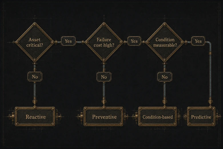 Decision flow for choosing reactive, preventive, condition-based, or predictive maintenance based on asset criticality and cost