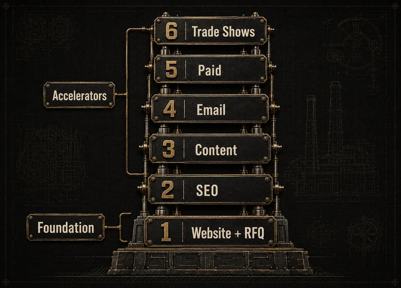 Priority order for manufacturer marketing spend, from website and SEO foundation up to paid accelerators