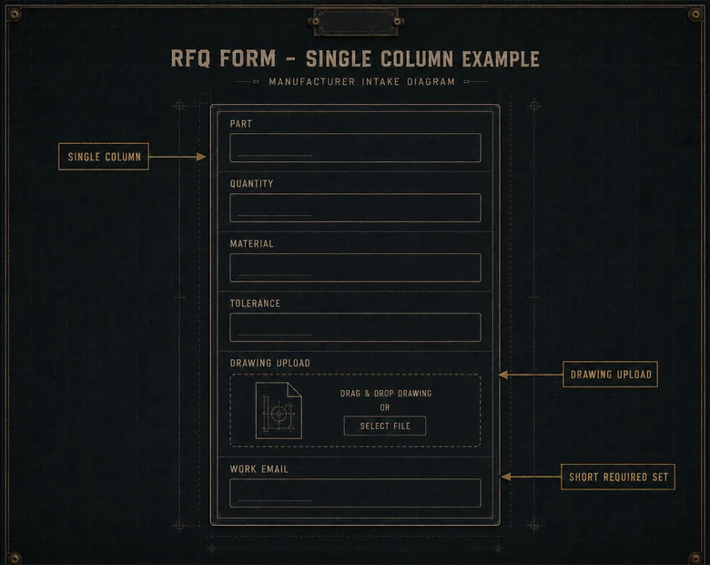 A manufacturer RFQ form built as a single mobile-friendly column with part, quantity, material, tolerance, and a drawing upload field
